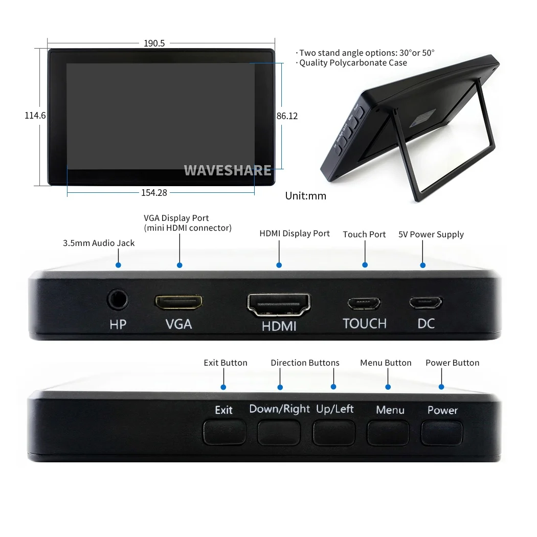 Waveshare Inch Capacitive HDMI LCD Display (H) with Case 1024×600 Zbotic